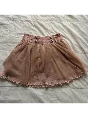 Liz Lisa Dusty Pink Tulle Mini Skirt Pleated Ruffle Hem Gold Buttons Size XS